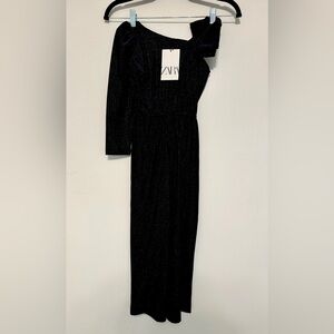 NWT Zara Kids girls black velvet sparkly one shoulder jumpsuit